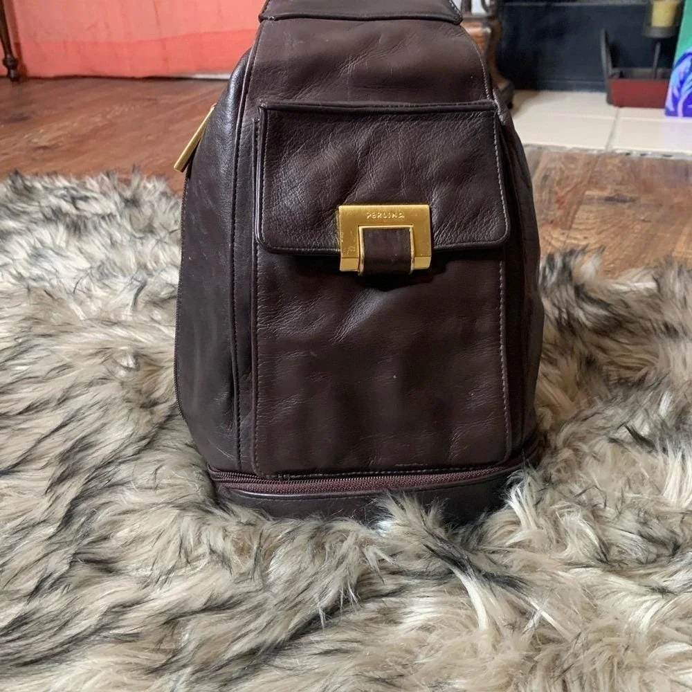 Perlina Sling Backpack Women OS Dark‎ Brown Good Leather Teardrop Gold purse